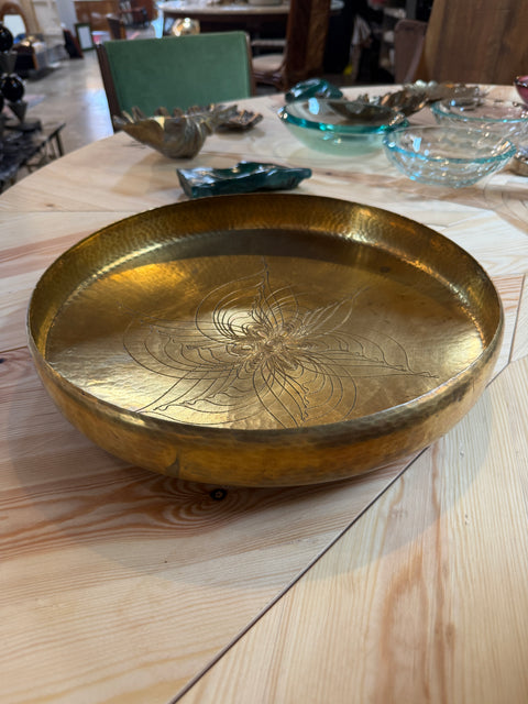 Hand-Hammered Brass Centerpiece Bowl with Engraved Floral Motif, 1970s