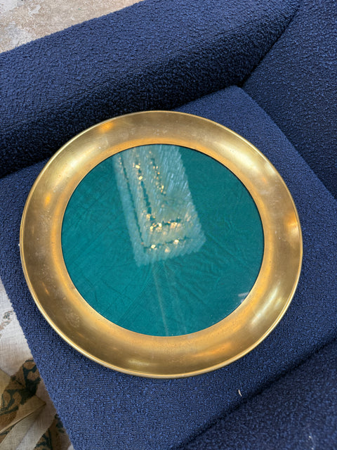 Italian Brass and Green Glass Decorative Catchall Tray, 1970s