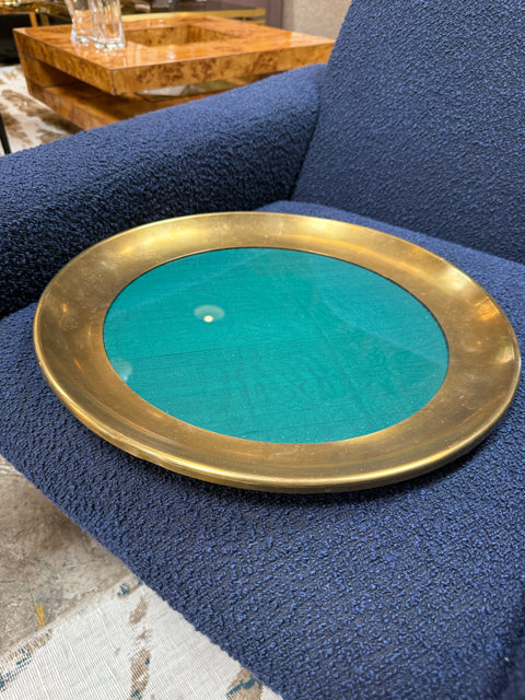 Italian Brass and Green Glass Decorative Catchall Tray, 1970s