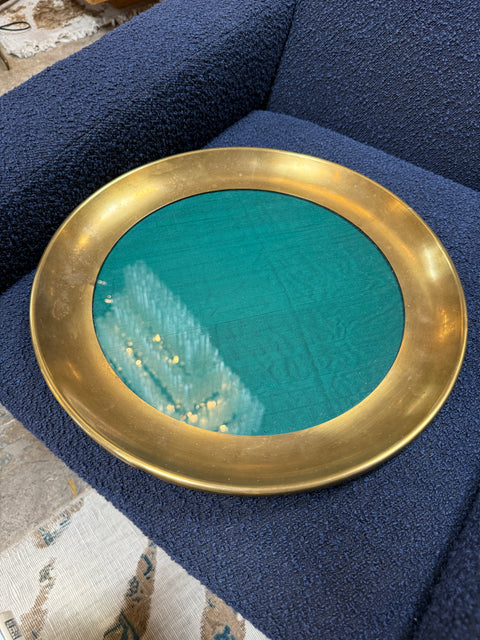 Italian Brass and Green Glass Decorative Catchall Tray, 1970s
