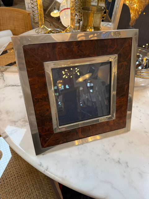 Signed Tommaso Barbi Italian Burl Wood and Brass Picture Frame, 1970s