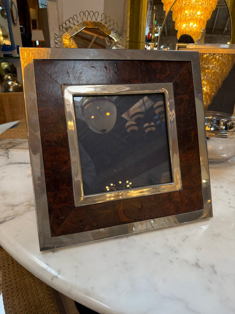 Signed Tommaso Barbi Italian Burl Wood and Brass Picture Frame, 1970s