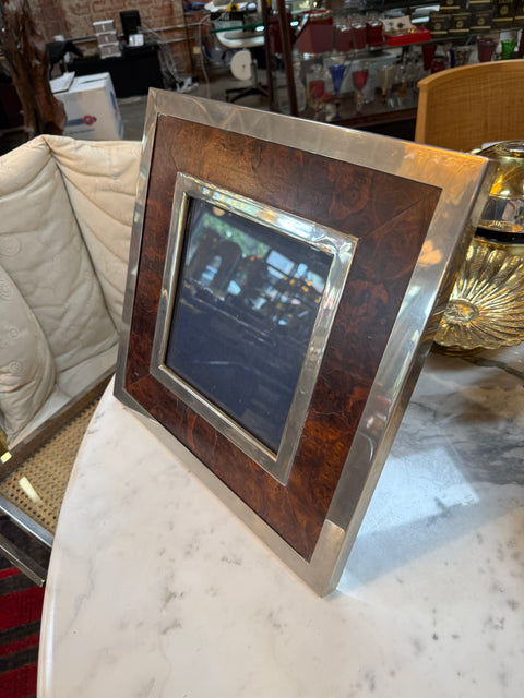 Signed Tommaso Barbi Italian Burl Wood and Brass Picture Frame, 1970s