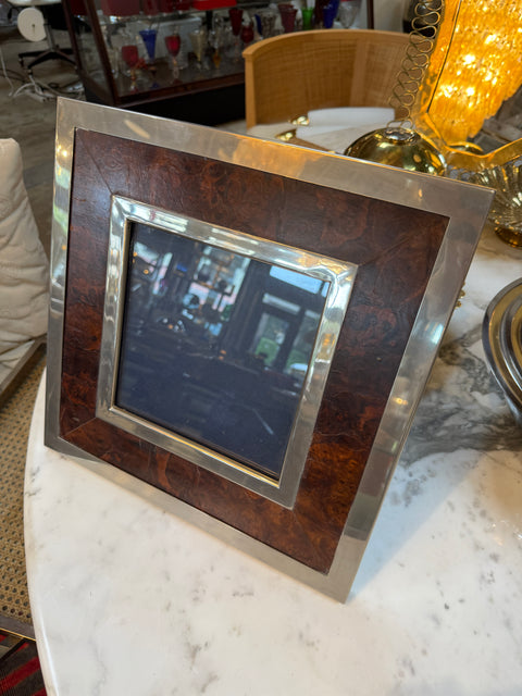 Signed Tommaso Barbi Italian Burl Wood and Brass Picture Frame, 1970s