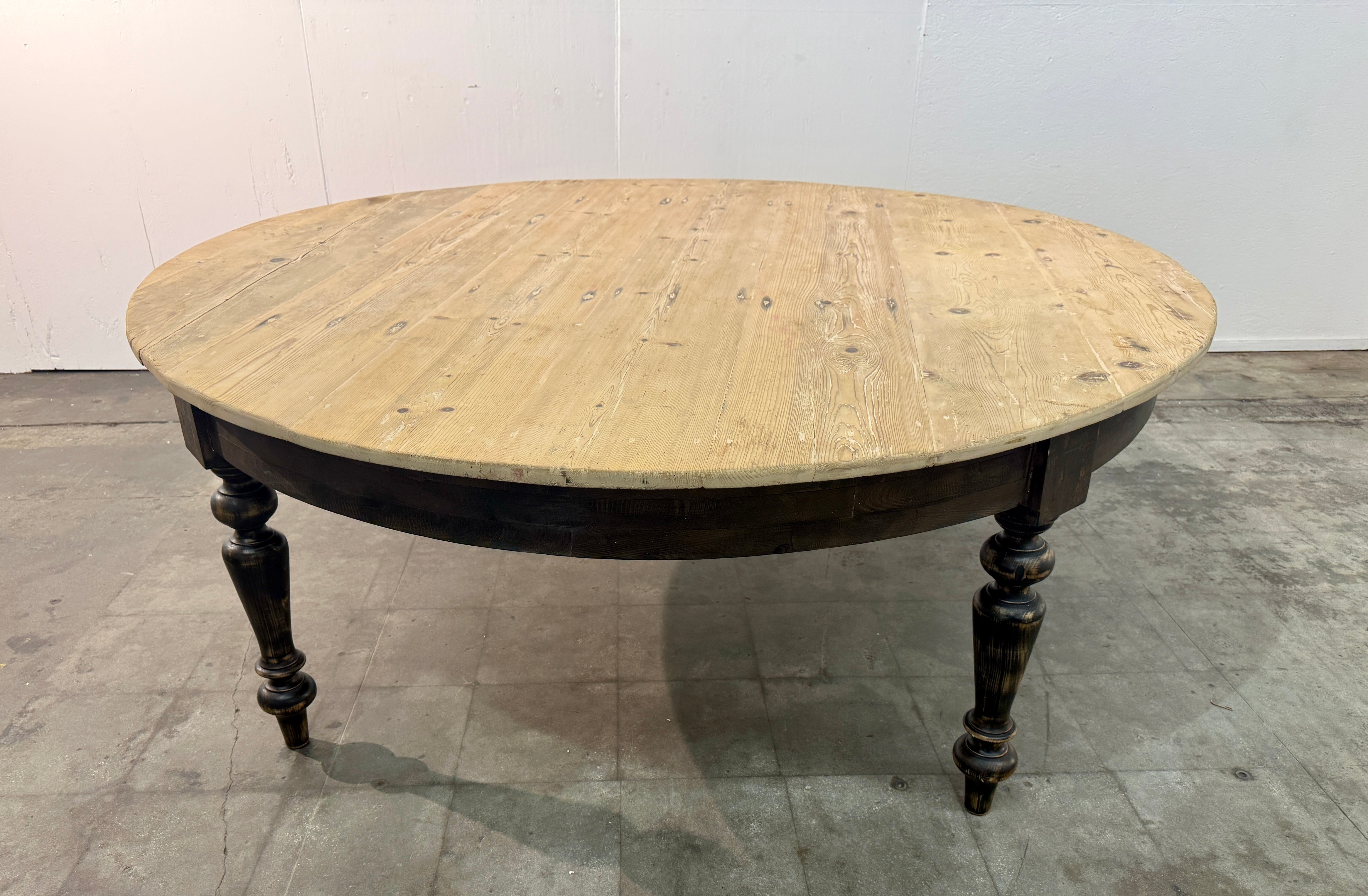 Large Rustic Round Pine Dining Table with Ebonized Turned Legs