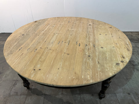 Large Rustic Round Pine Dining Table with Ebonized Turned Legs