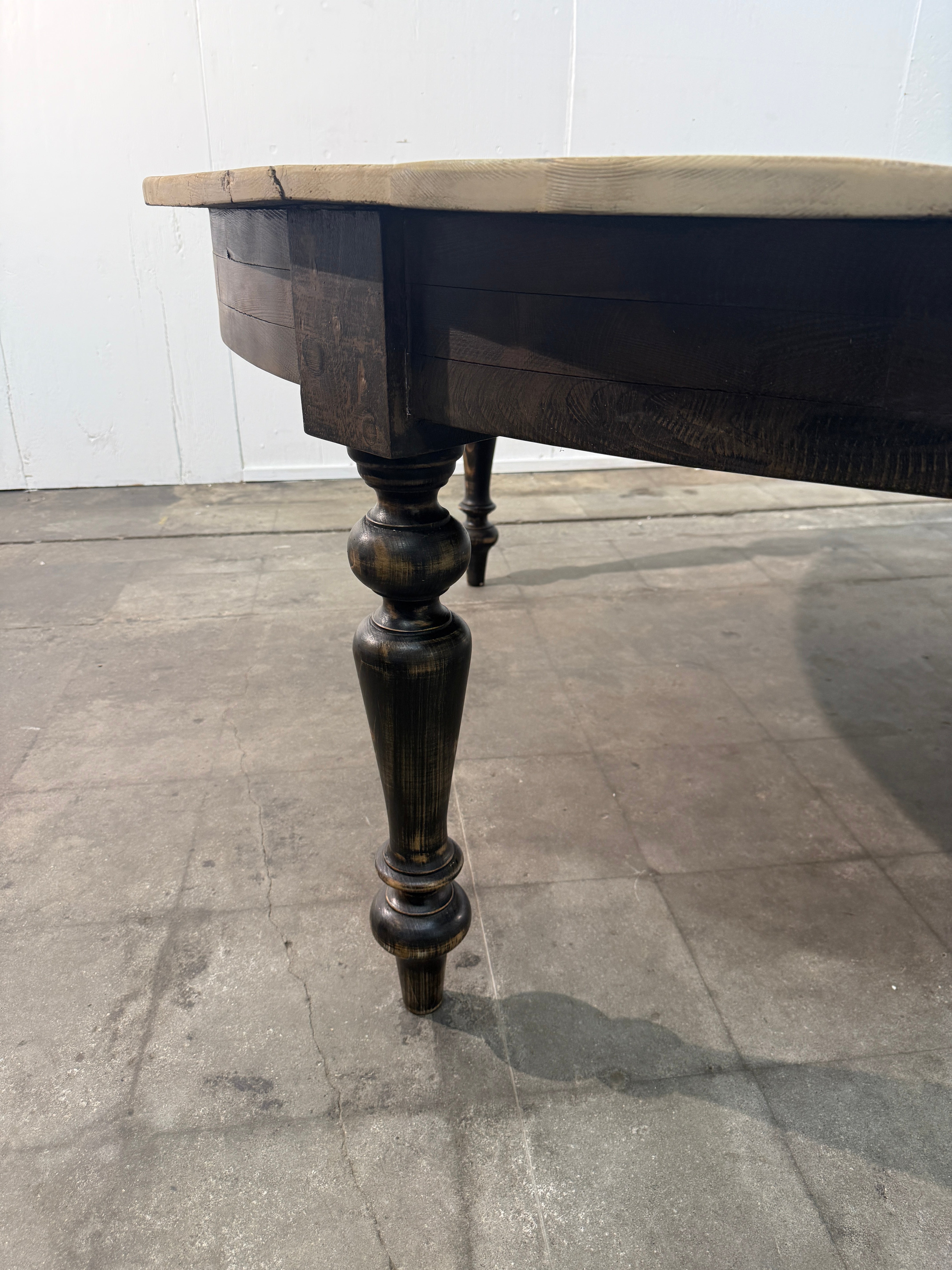 Large Rustic Round Pine Dining Table with Ebonized Turned Legs