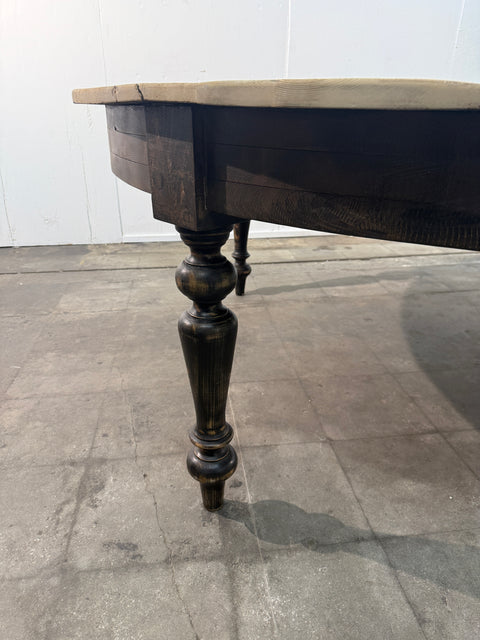 Large Rustic Round Pine Dining Table with Ebonized Turned Legs