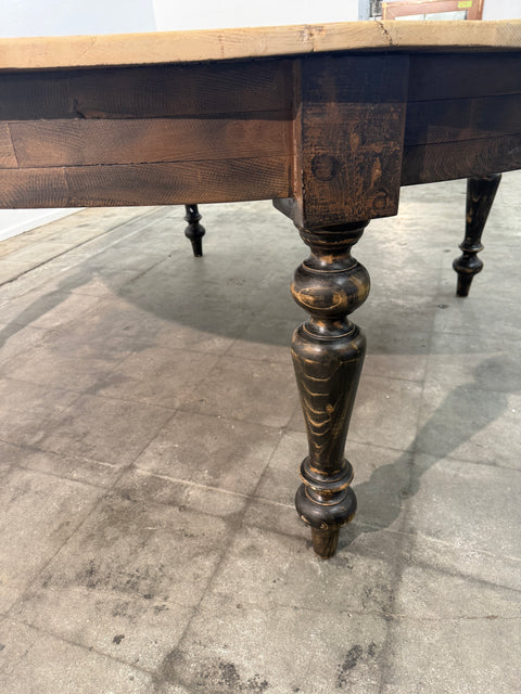 Large Rustic Round Pine Dining Table with Ebonized Turned Legs