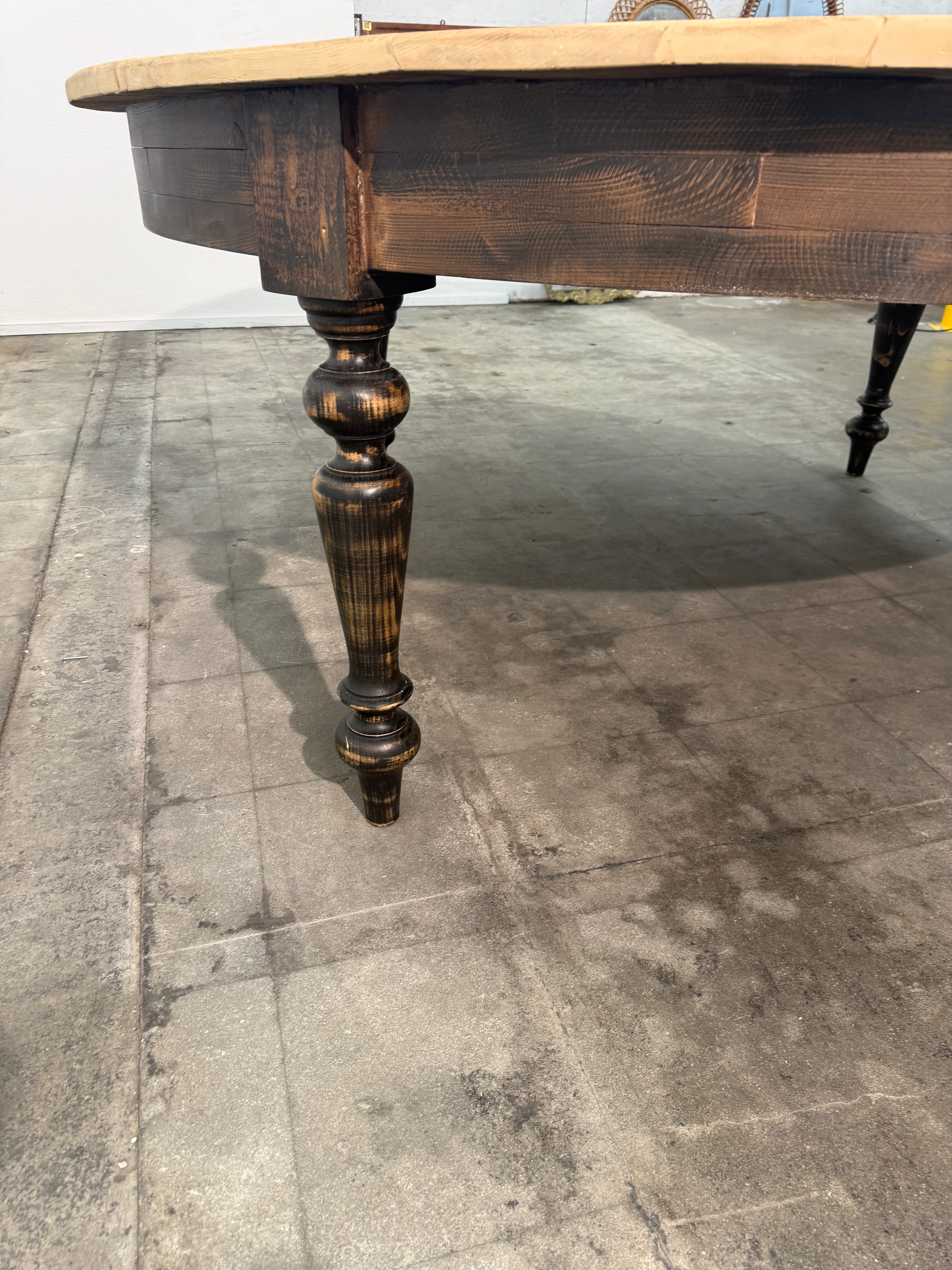 Large Rustic Round Pine Dining Table with Ebonized Turned Legs