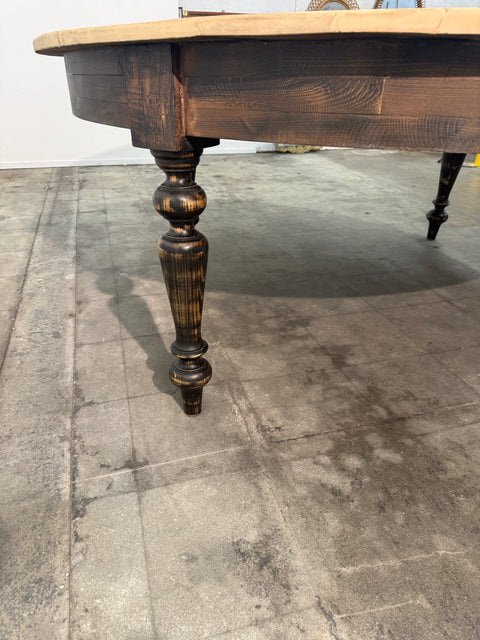 Large Rustic Round Pine Dining Table with Ebonized Turned Legs