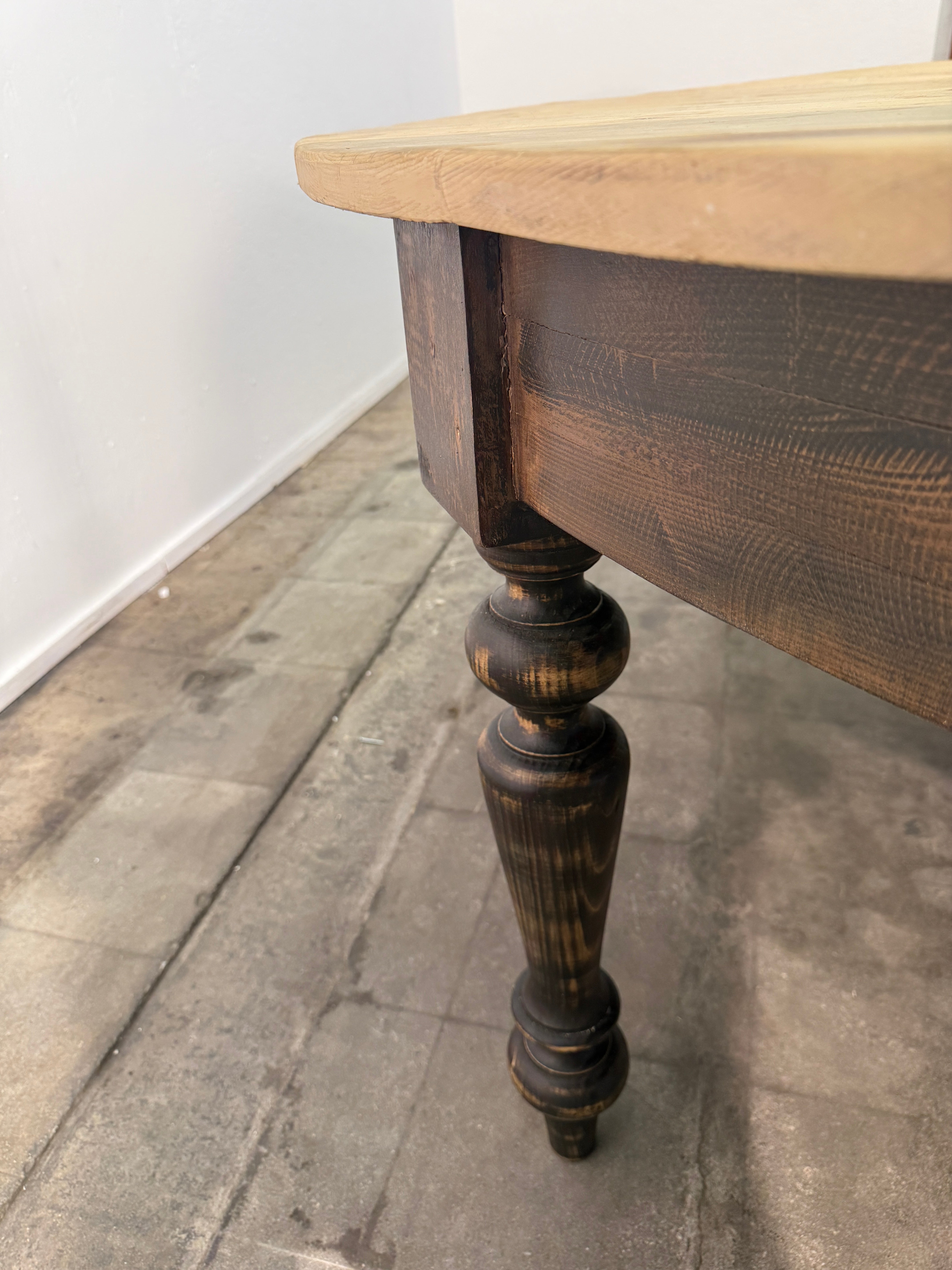 Large Rustic Round Pine Dining Table with Ebonized Turned Legs