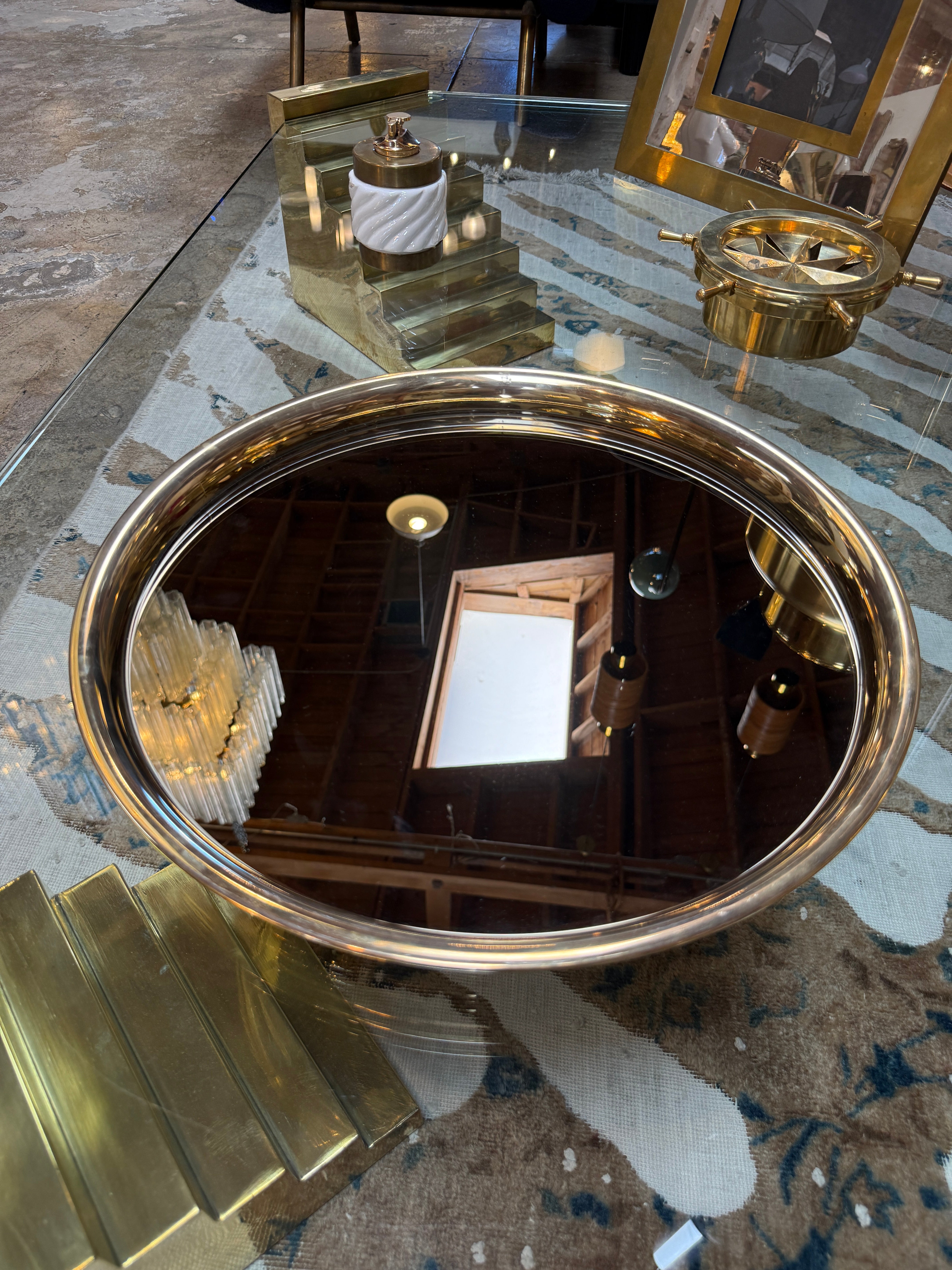 Italian Mid-Century Modern Round Smoked Glass and Brass Serving Tray, 1970s