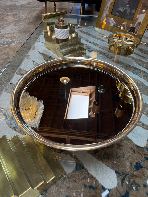 Italian Mid-Century Modern Round Smoked Glass and Brass Serving Tray, 1970s