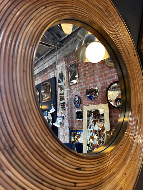 Vintage Italian Round Rattan And Brass Wall Mirror 1980s