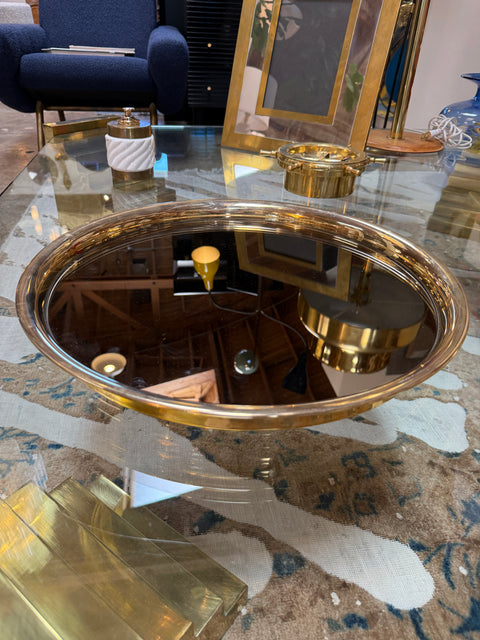 Italian Mid-Century Modern Round Smoked Glass and Brass Serving Tray, 1970s
