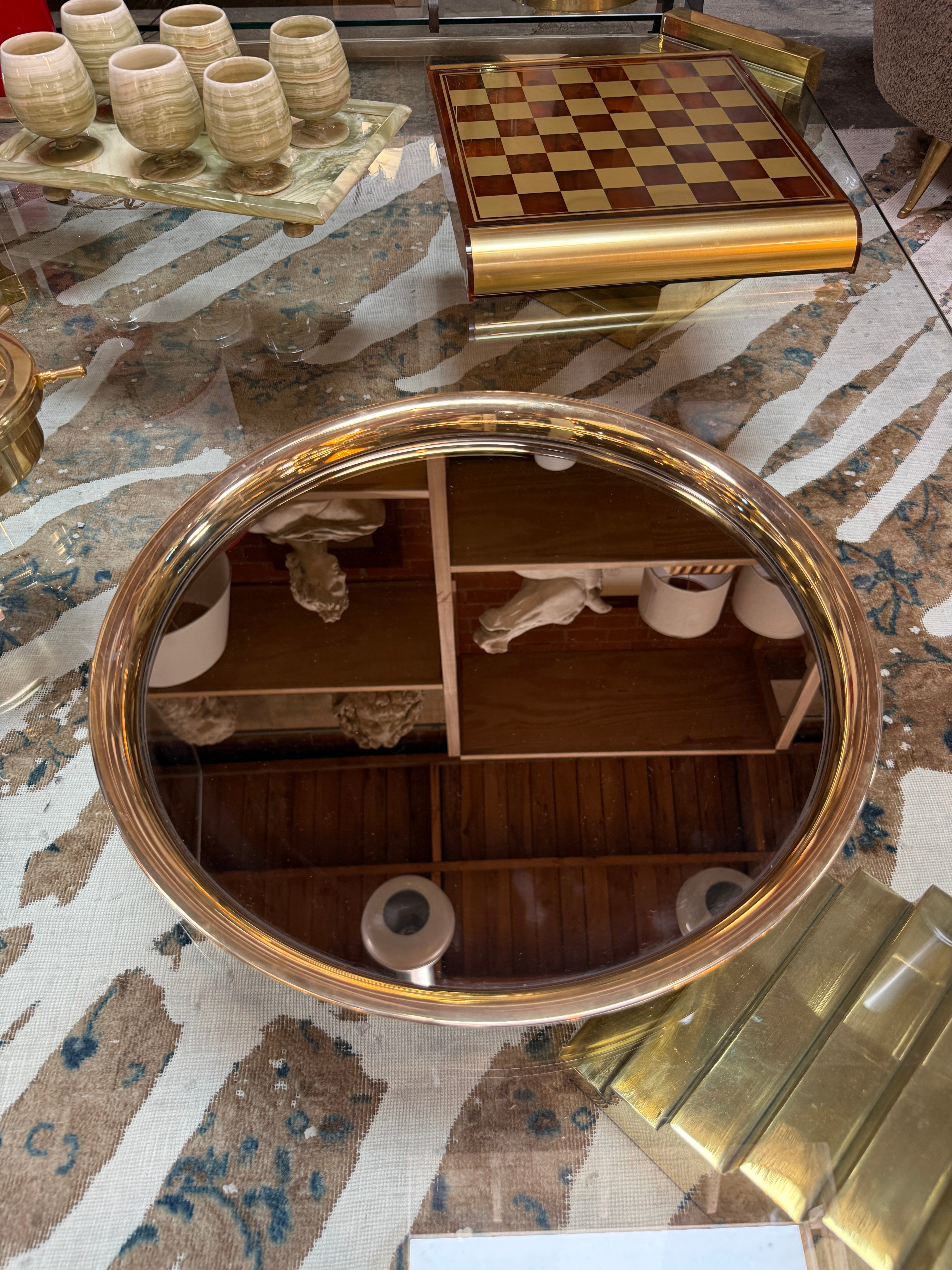 Italian Mid-Century Modern Round Smoked Glass and Brass Serving Tray, 1970s