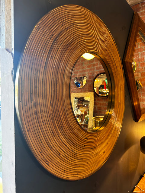 Vintage Italian Round Rattan And Brass Wall Mirror 1980s