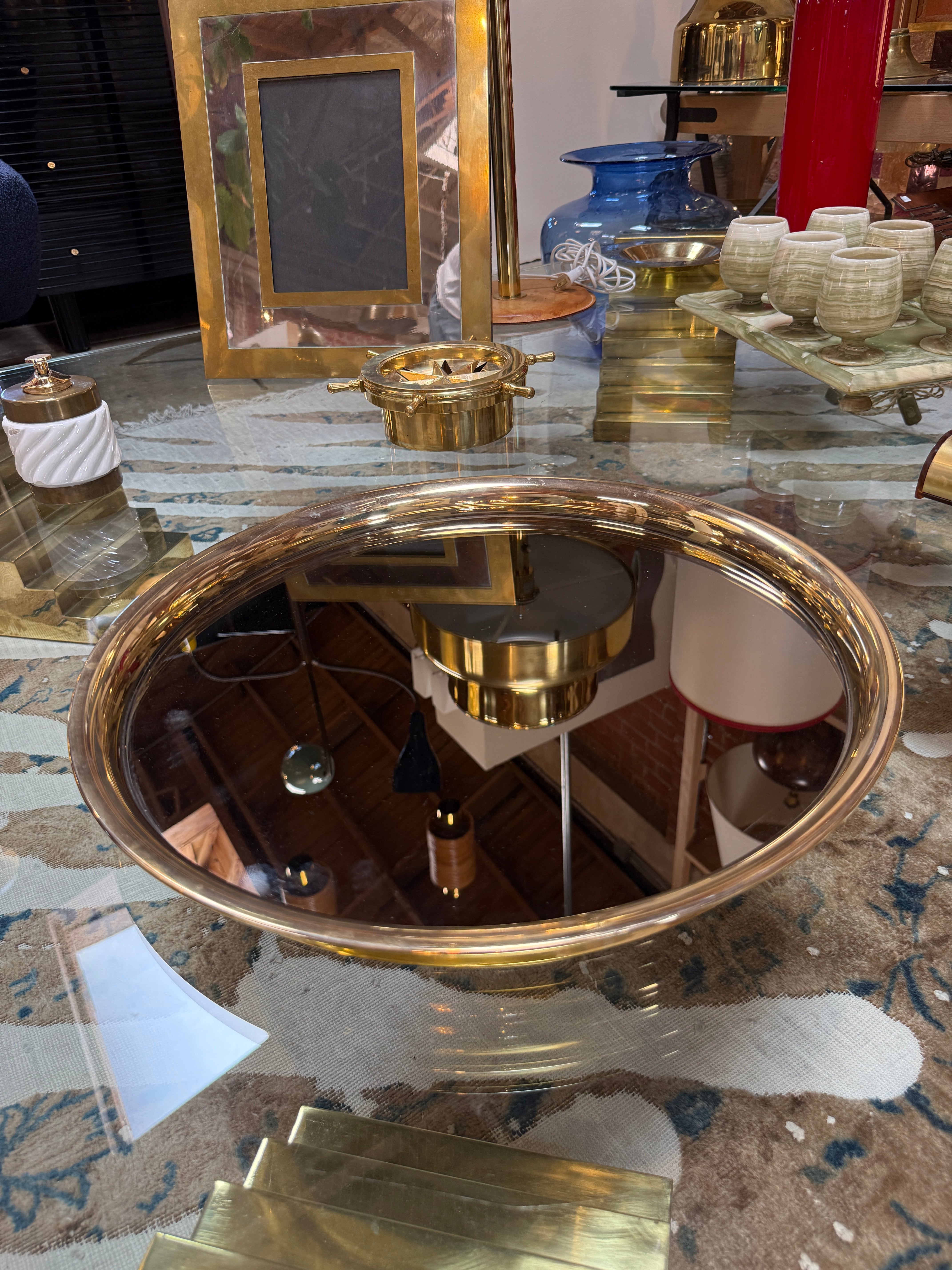 Italian Mid-Century Modern Round Smoked Glass and Brass Serving Tray, 1970s