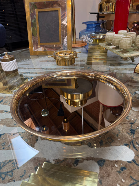 Italian Mid-Century Modern Round Smoked Glass and Brass Serving Tray, 1970s