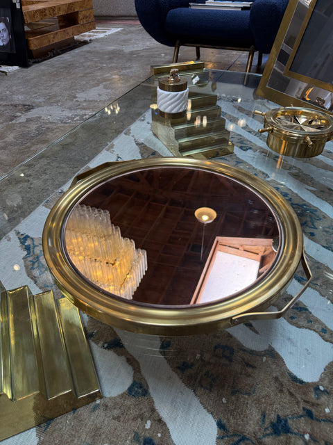 Italian Mid-Century Brass and Smoked Mirror Serving Tray, 1970s