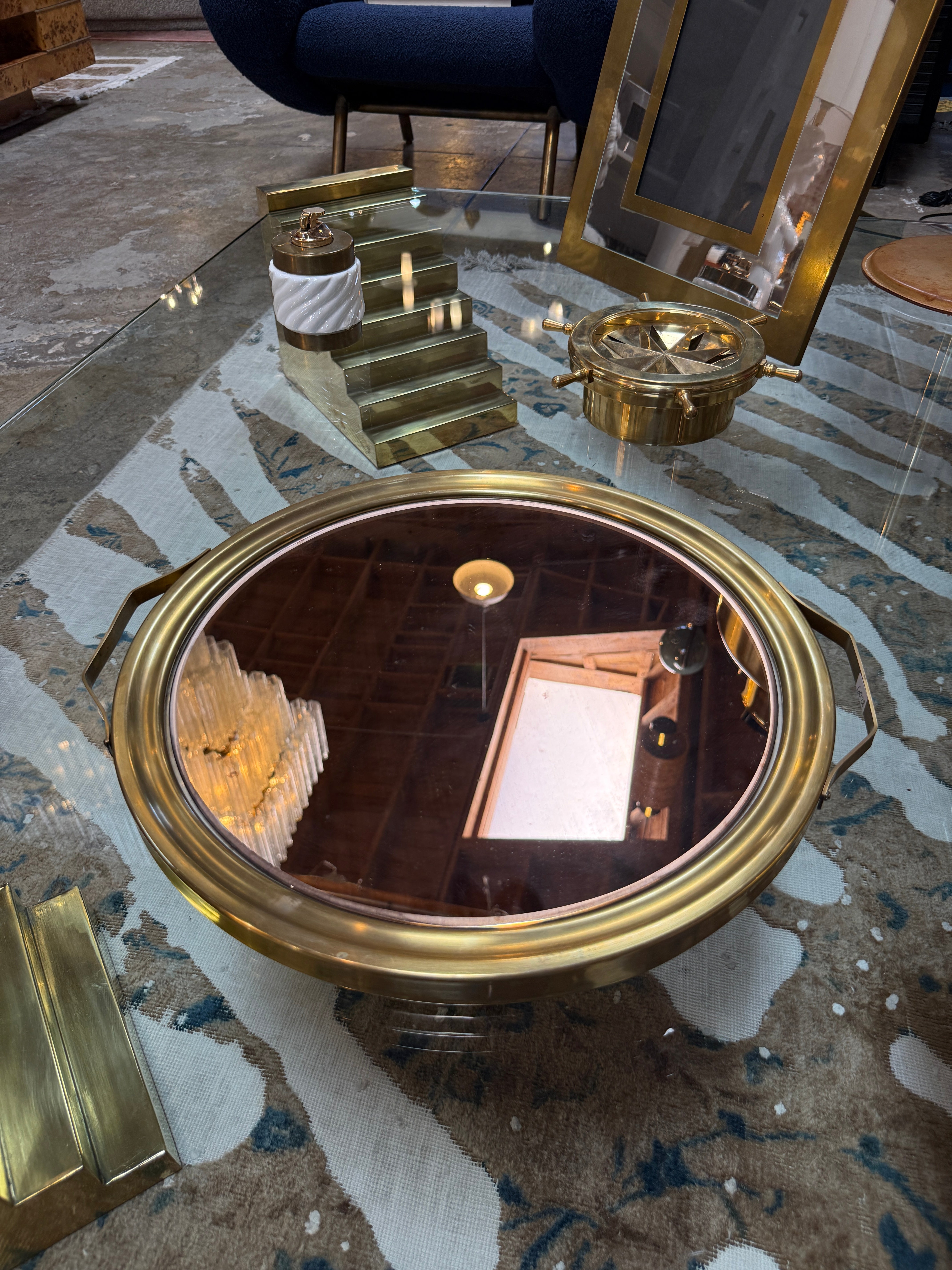 Italian Mid-Century Brass and Smoked Mirror Serving Tray, 1970s