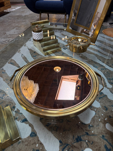 Italian Mid-Century Brass and Smoked Mirror Serving Tray, 1970s