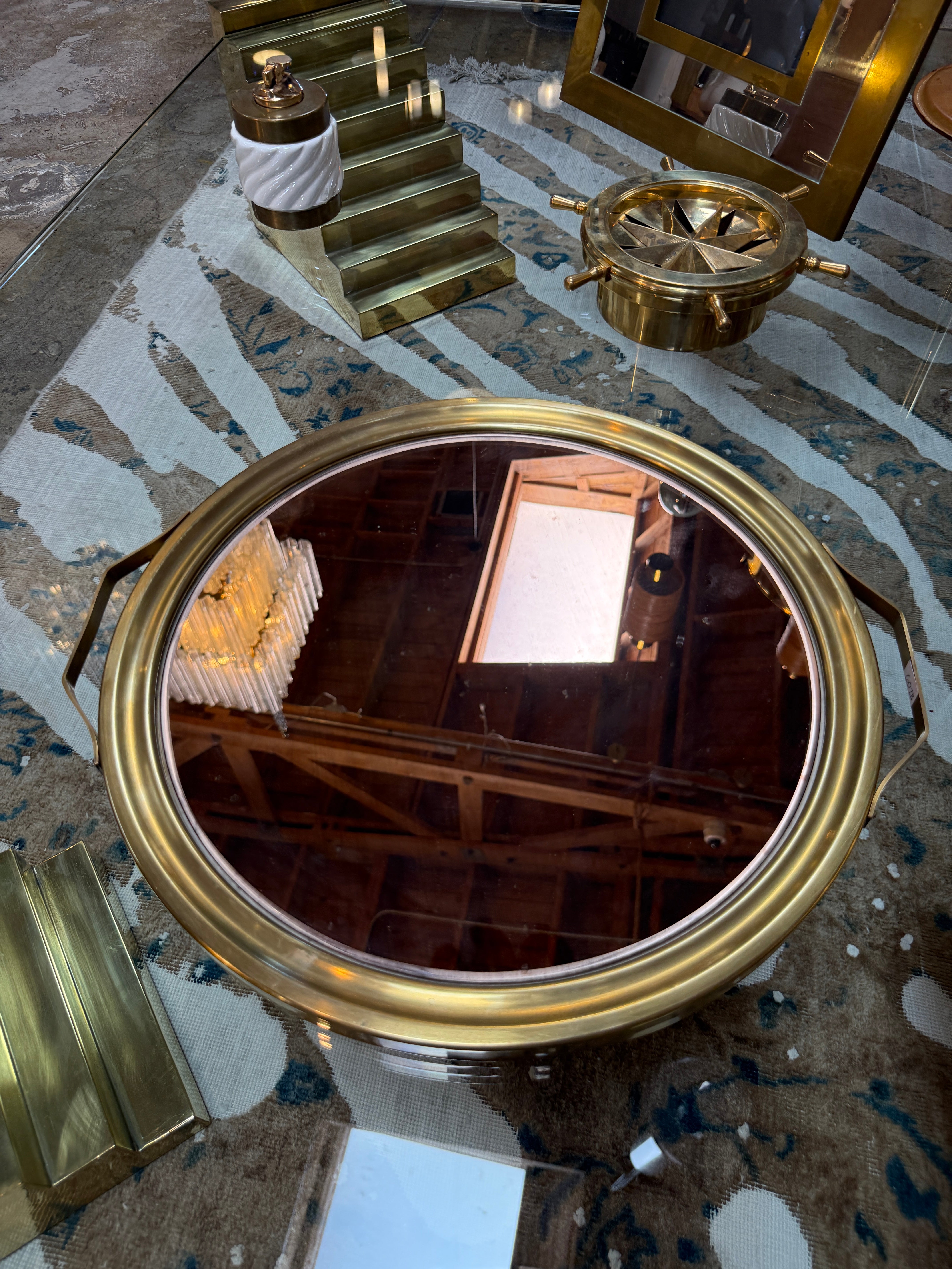 Italian Mid-Century Brass and Smoked Mirror Serving Tray, 1970s