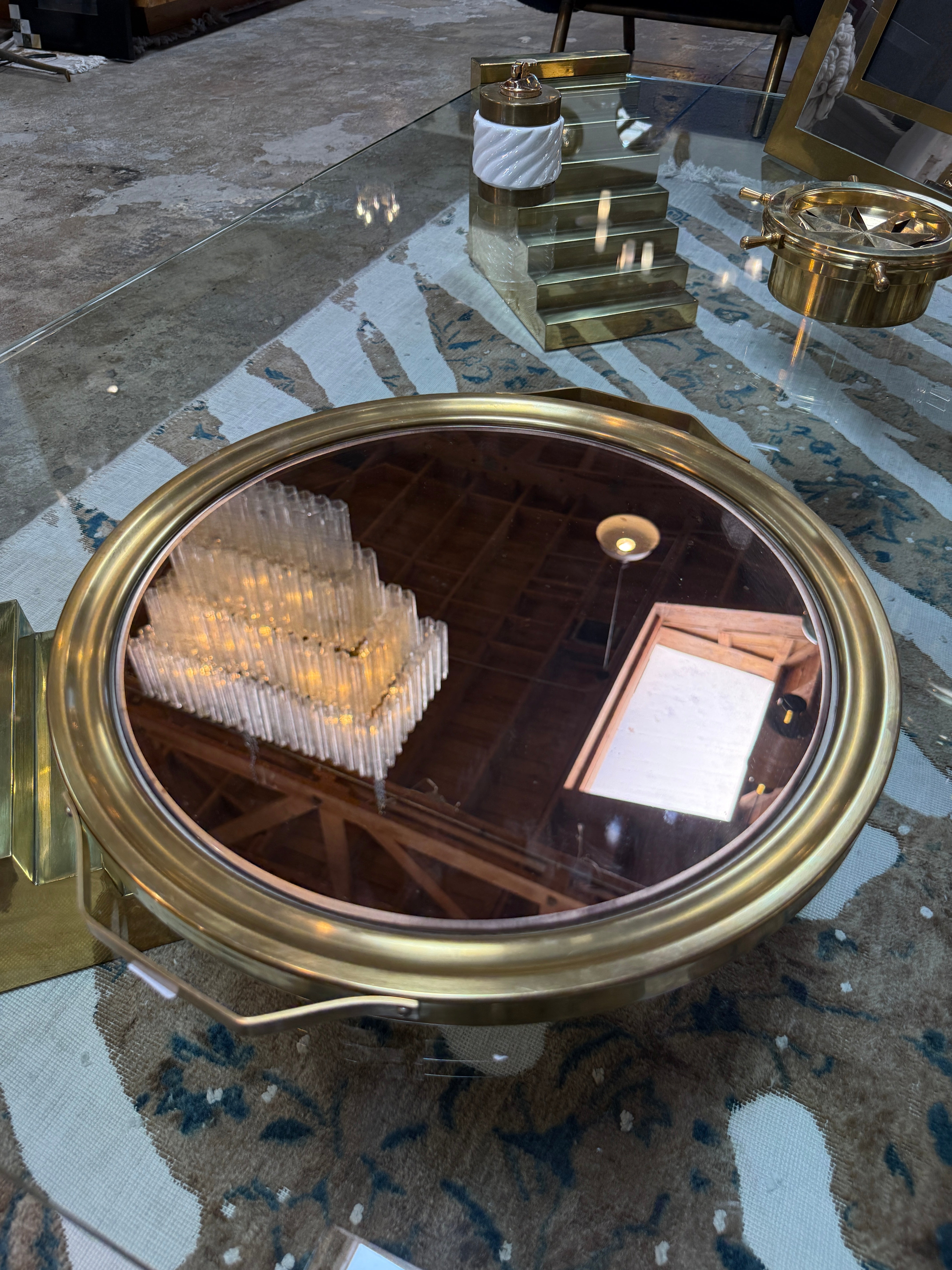 Italian Mid-Century Brass and Smoked Mirror Serving Tray, 1970s