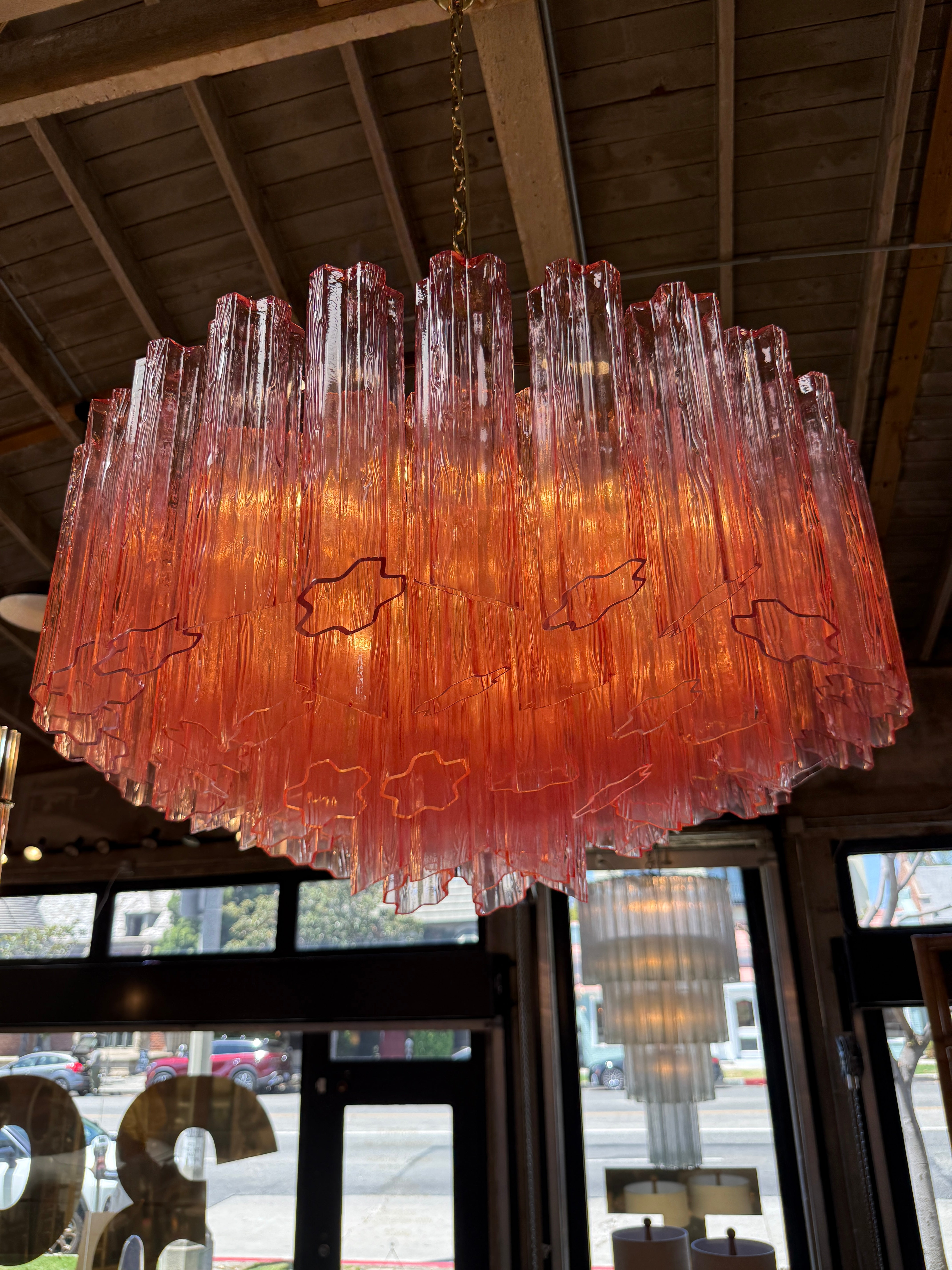 Vintage Pink Murano Glass Prism Chandelier 1970s