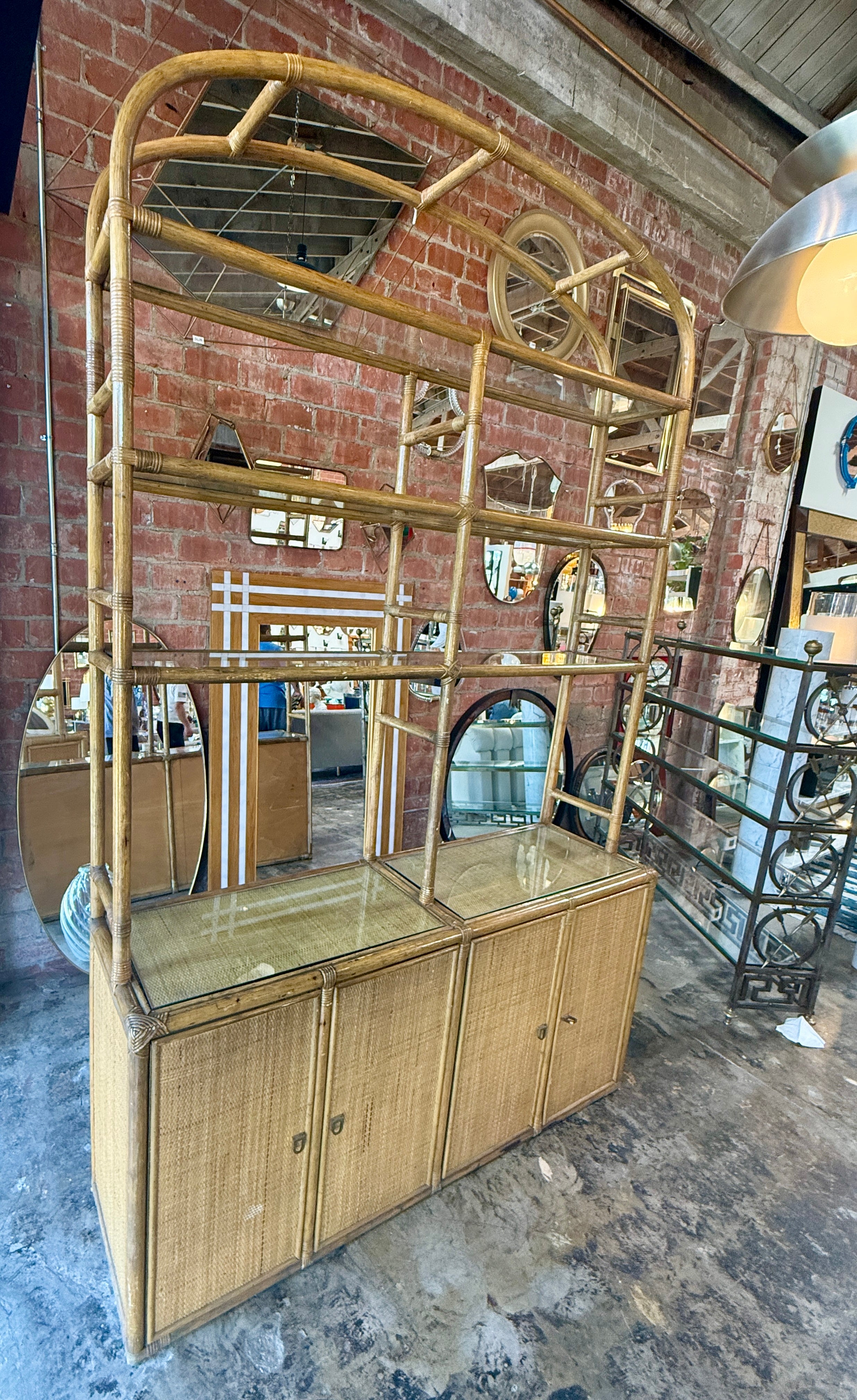 Vintage Coastal Rattan Etagere Cabinet with Glass Shelves