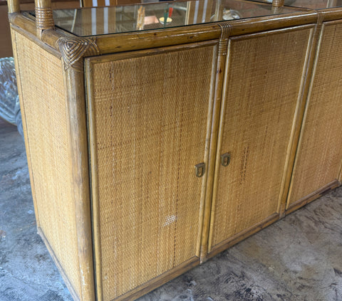 Vintage Coastal Rattan Etagere Cabinet with Glass Shelves