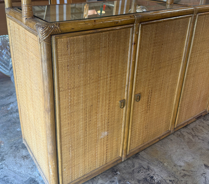 Vintage Coastal Rattan Etagere Cabinet with Glass Shelves