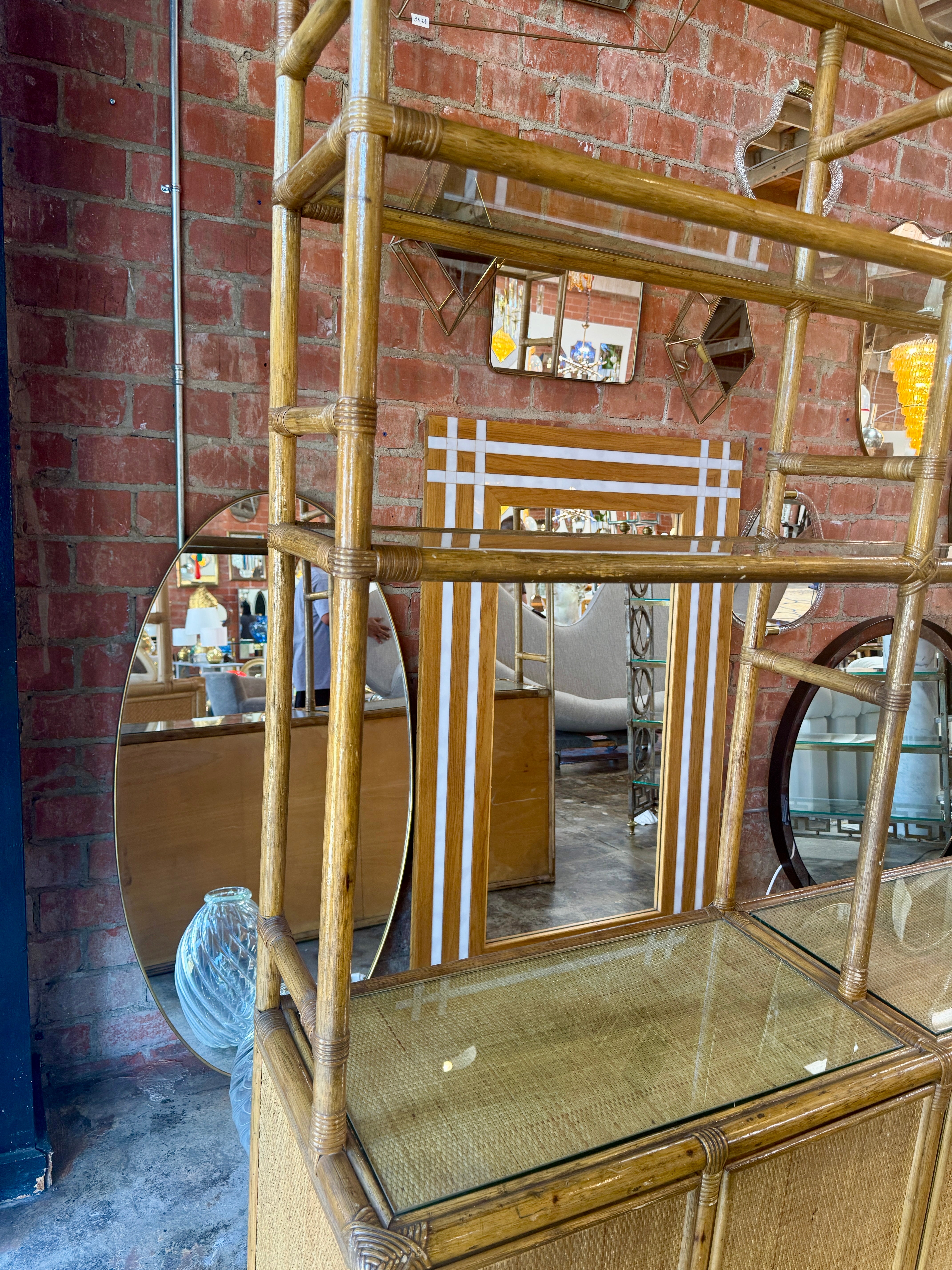 Vintage Coastal Rattan Etagere Cabinet with Glass Shelves