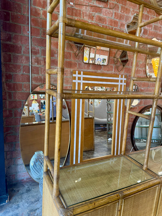 Vintage Coastal Rattan Etagere Cabinet with Glass Shelves