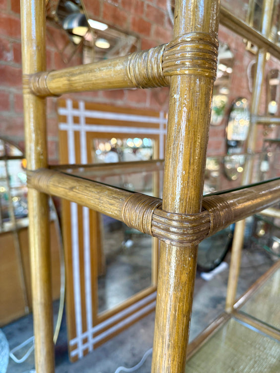 Vintage Coastal Rattan Etagere Cabinet with Glass Shelves