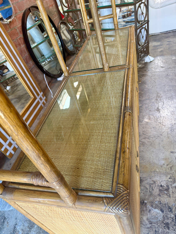 Vintage Coastal Rattan Etagere Cabinet with Glass Shelves