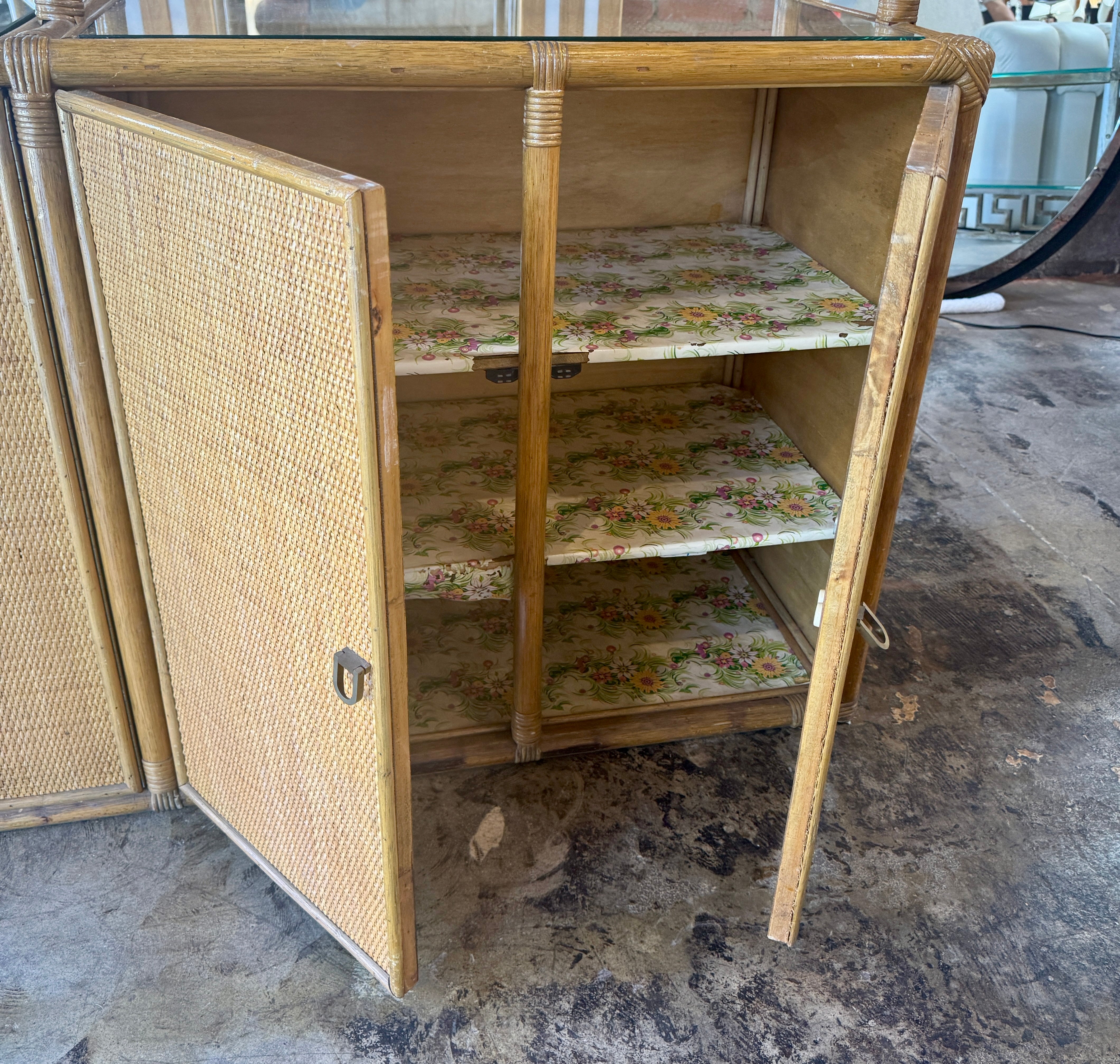 Vintage Coastal Rattan Etagere Cabinet with Glass Shelves