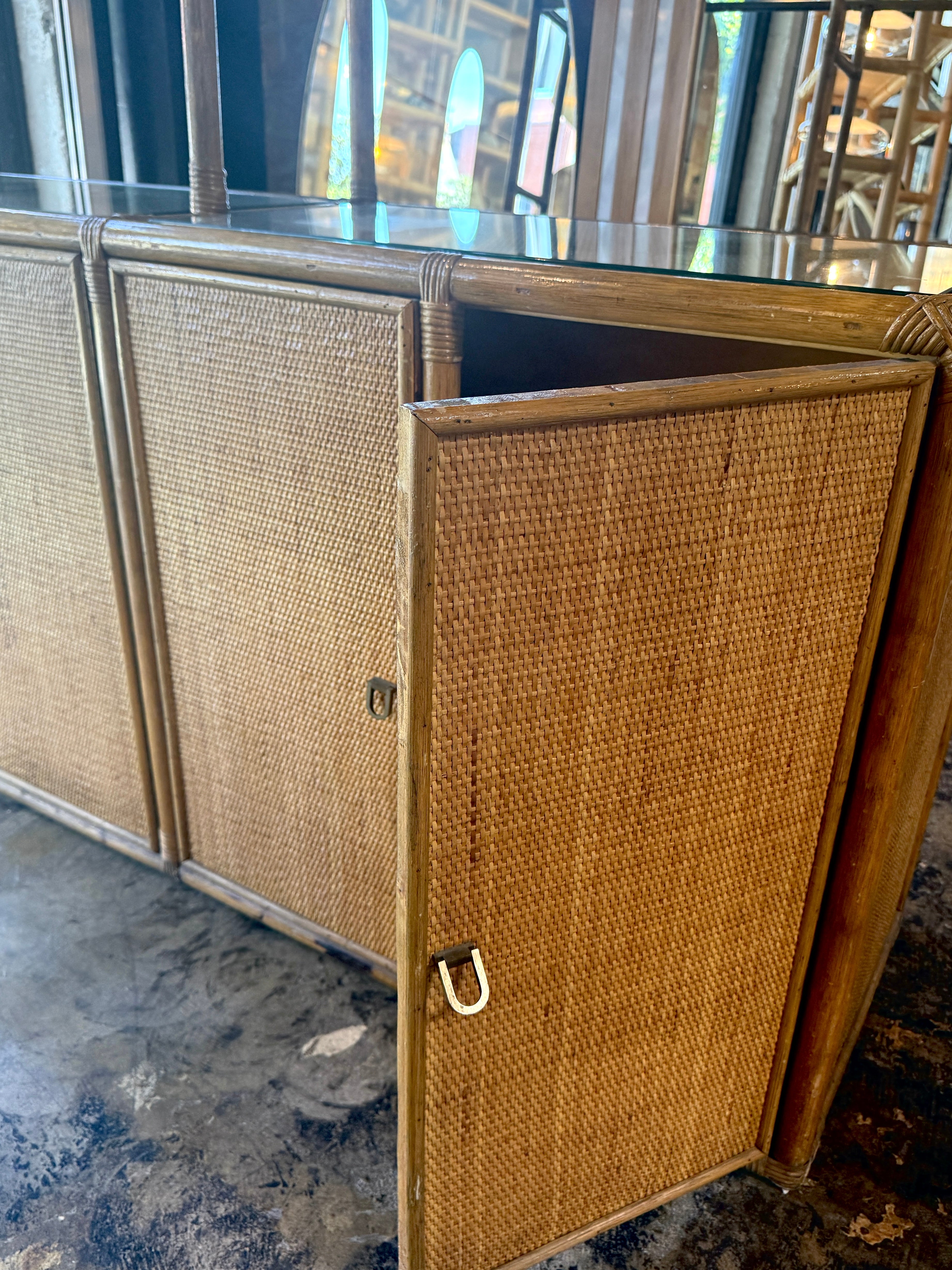 Vintage Coastal Rattan Etagere Cabinet with Glass Shelves