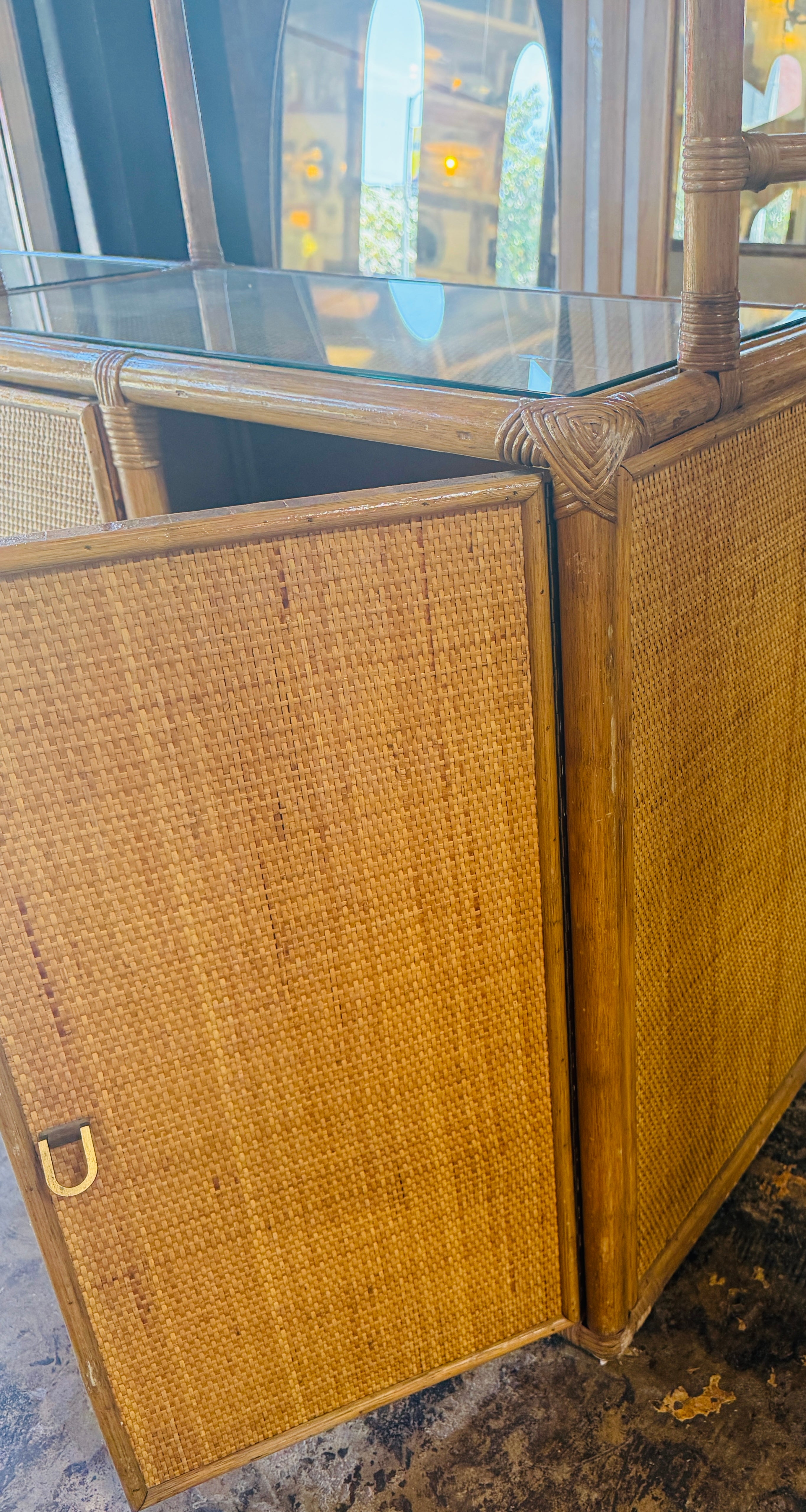 Vintage Coastal Rattan Etagere Cabinet with Glass Shelves