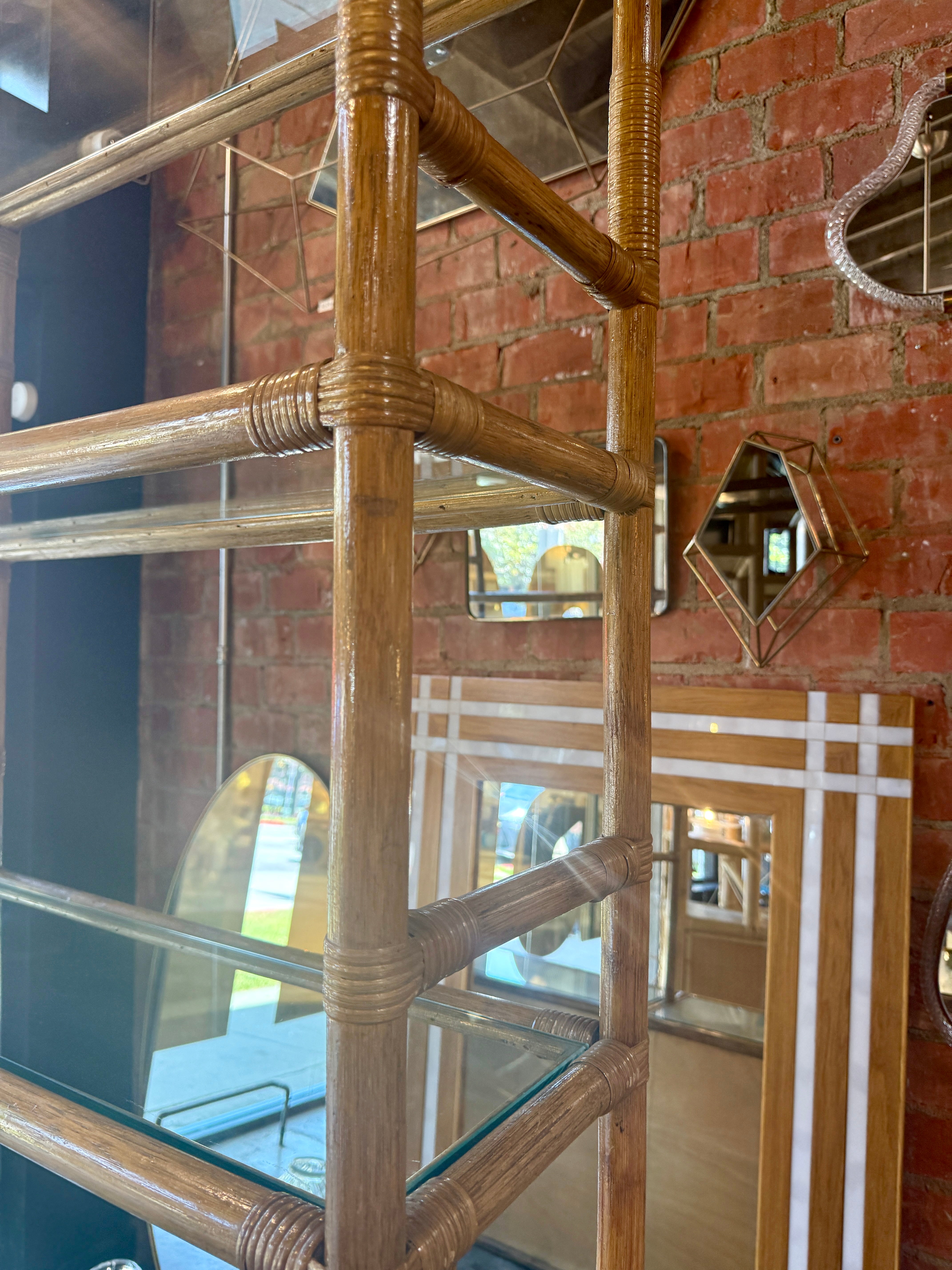 Vintage Coastal Rattan Etagere Cabinet with Glass Shelves
