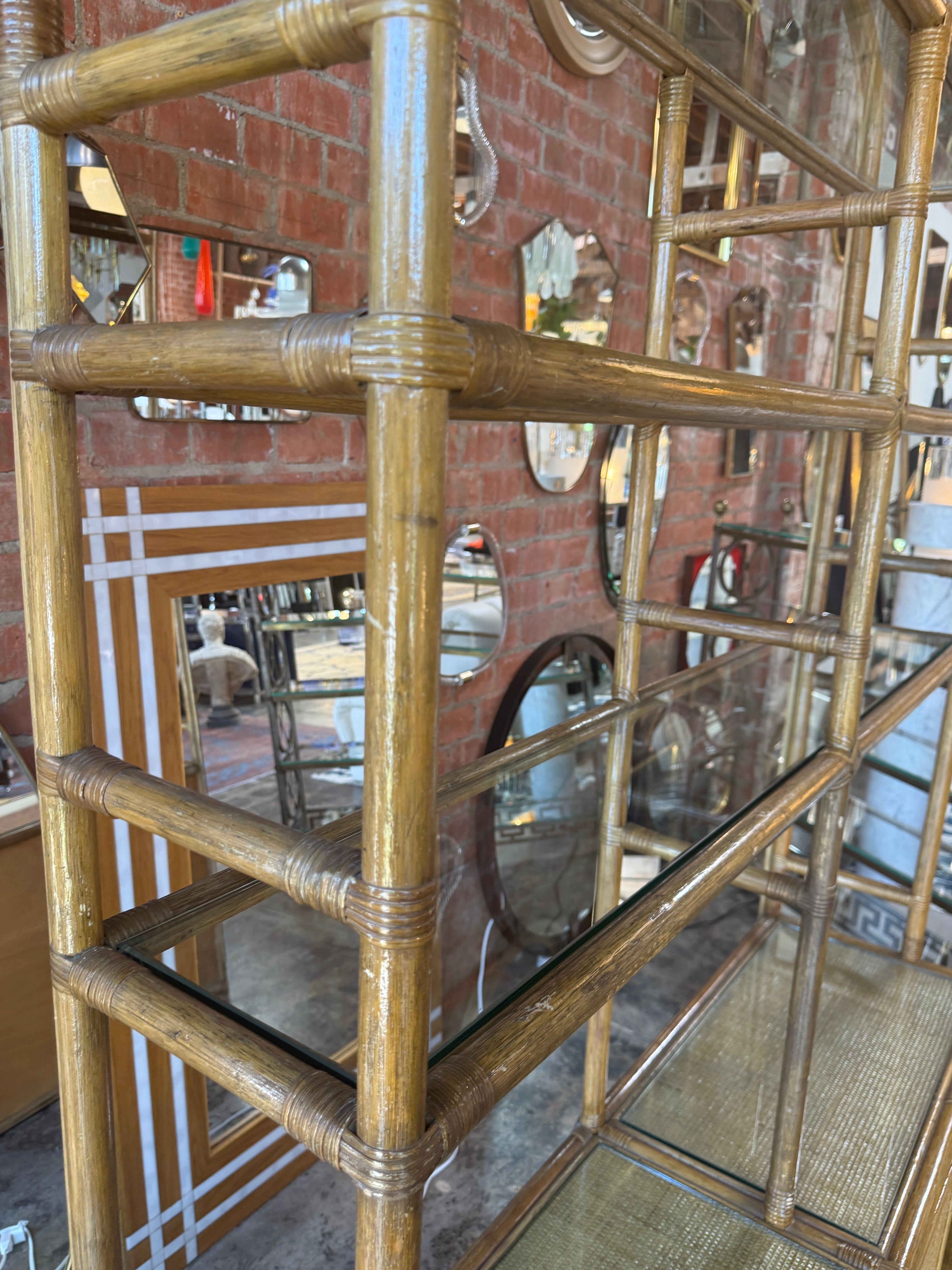 Vintage Coastal Rattan Etagere Cabinet with Glass Shelves