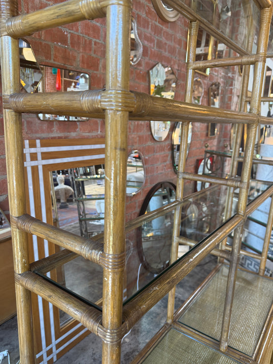 Vintage Coastal Rattan Etagere Cabinet with Glass Shelves