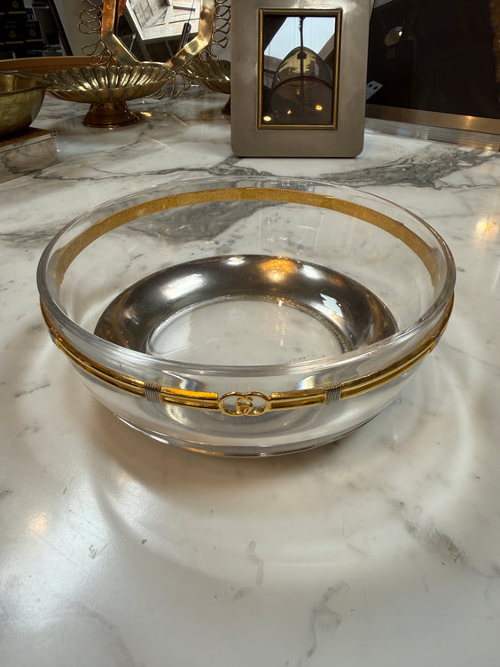 Vintage Gucci Glass Bowl with Gold-Tone GG Accents