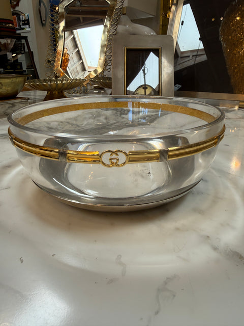 Vintage Gucci Glass Bowl with Gold-Tone GG Accents
