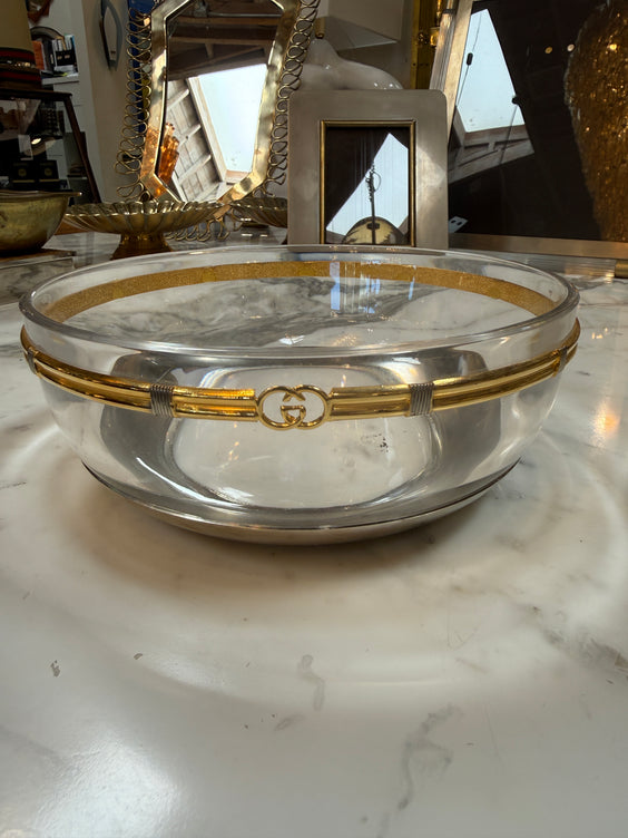 Vintage Gucci Glass Bowl with Gold-Tone GG Accents