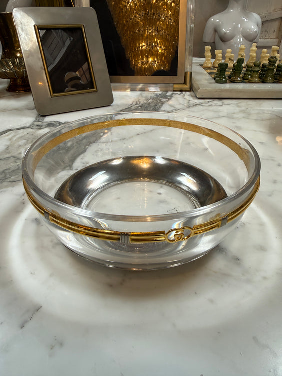 Vintage Gucci Glass Bowl with Gold-Tone GG Accents