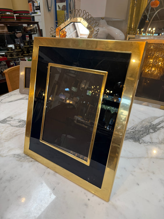 Vintage Italian Brass and Black Glass Picture Frame