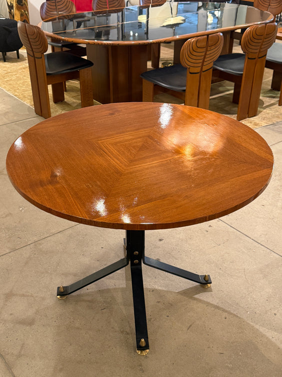 Carlo Ratti Geometric Walnut Round Table with Iron Base, Italy, 1950s