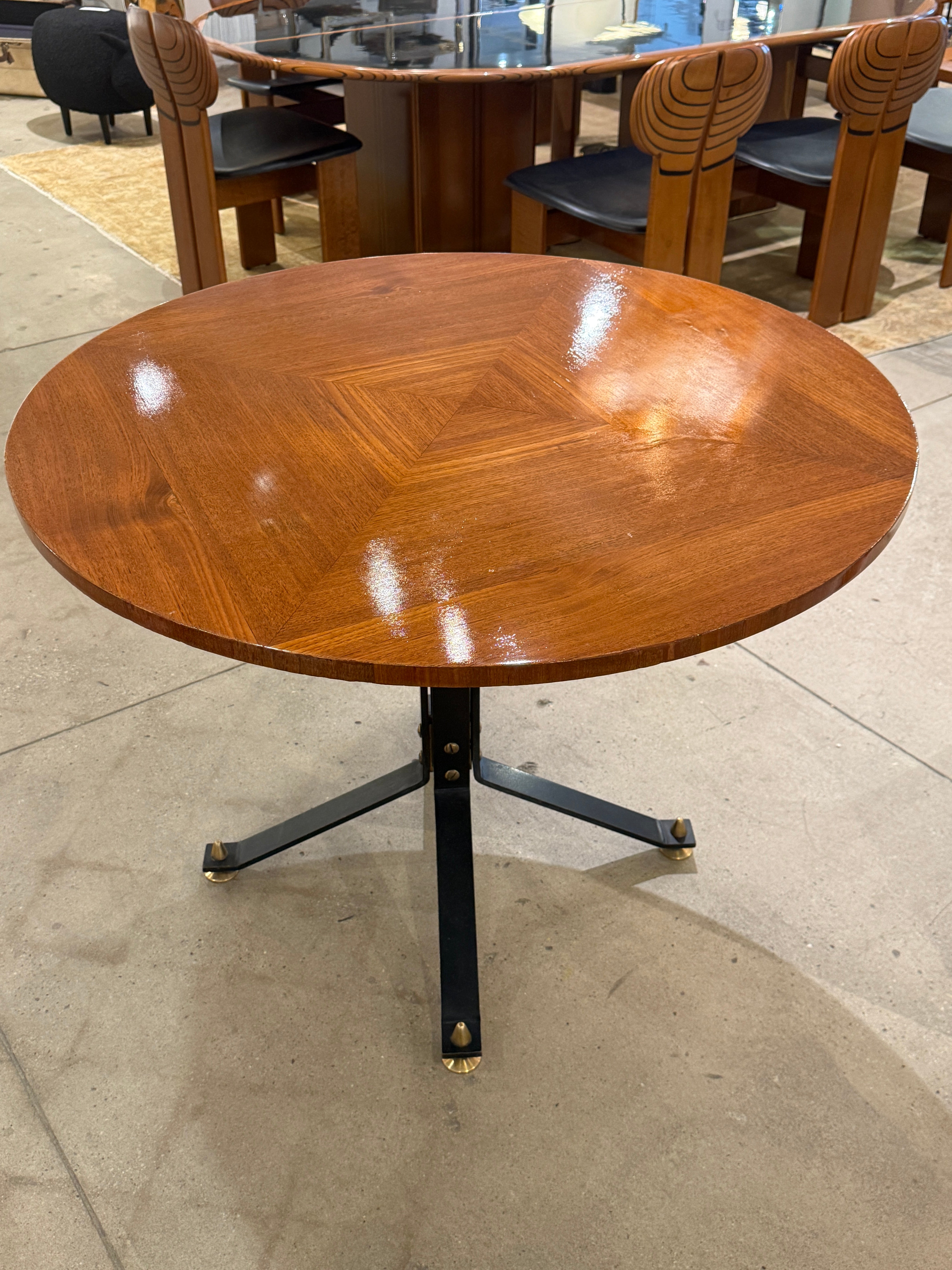 Carlo Ratti Geometric Walnut Round Table with Iron Base, Italy, 1950s